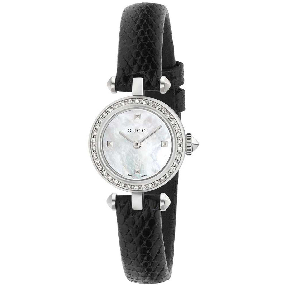 Shop Authentic Gucci Diamantissima Diamonds Mother of Pearl Dial Black Leather Strap Watch For Women - YA141511 - Luxxuri