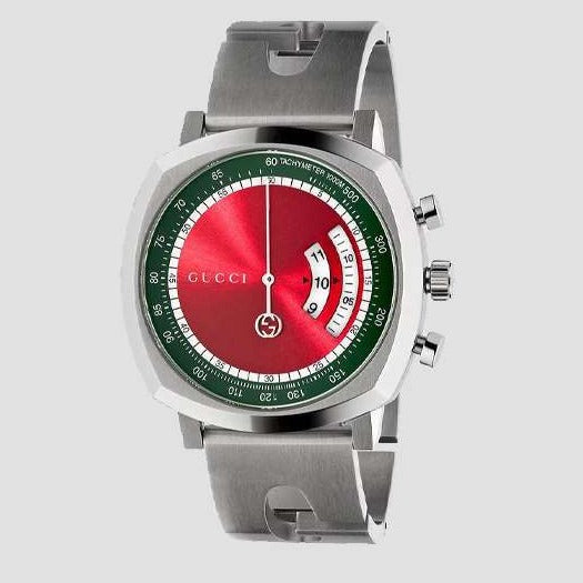 Shop Authentic Gucci Grip Quartz Chronograph Red Dial Silver Steel Strap Watch For Men - YA157303 - Luxxuri