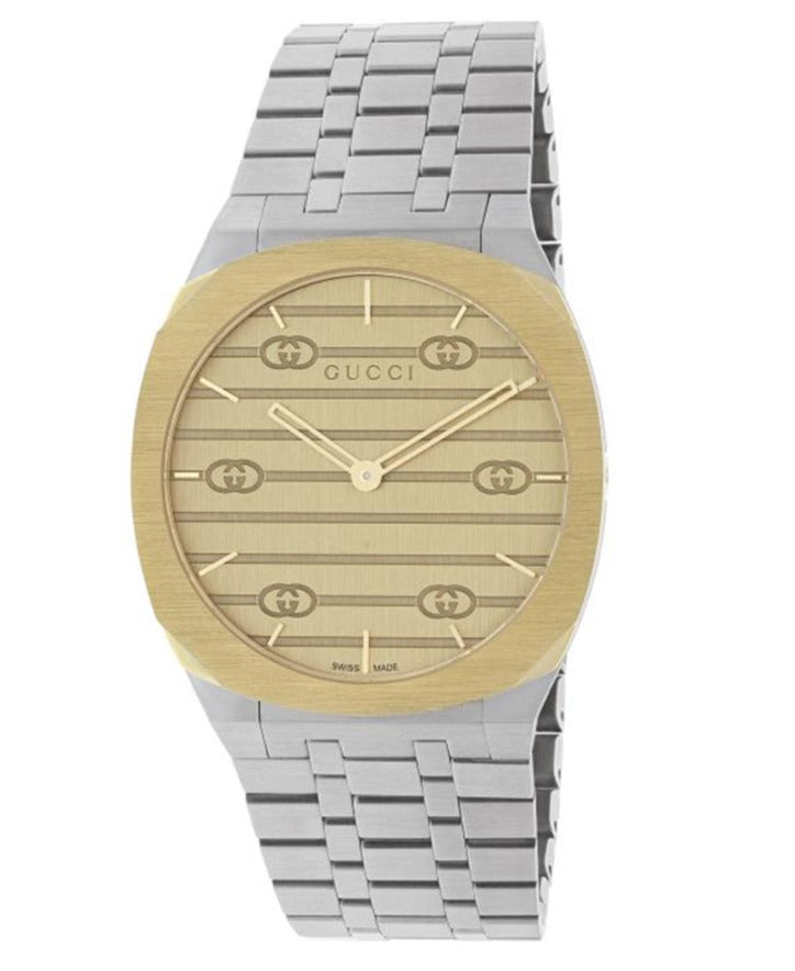 Shop Authentic Gucci 25H Quartz Gold Dial Silver Steel Strap Watch for Women - YA163403 - Luxxuri