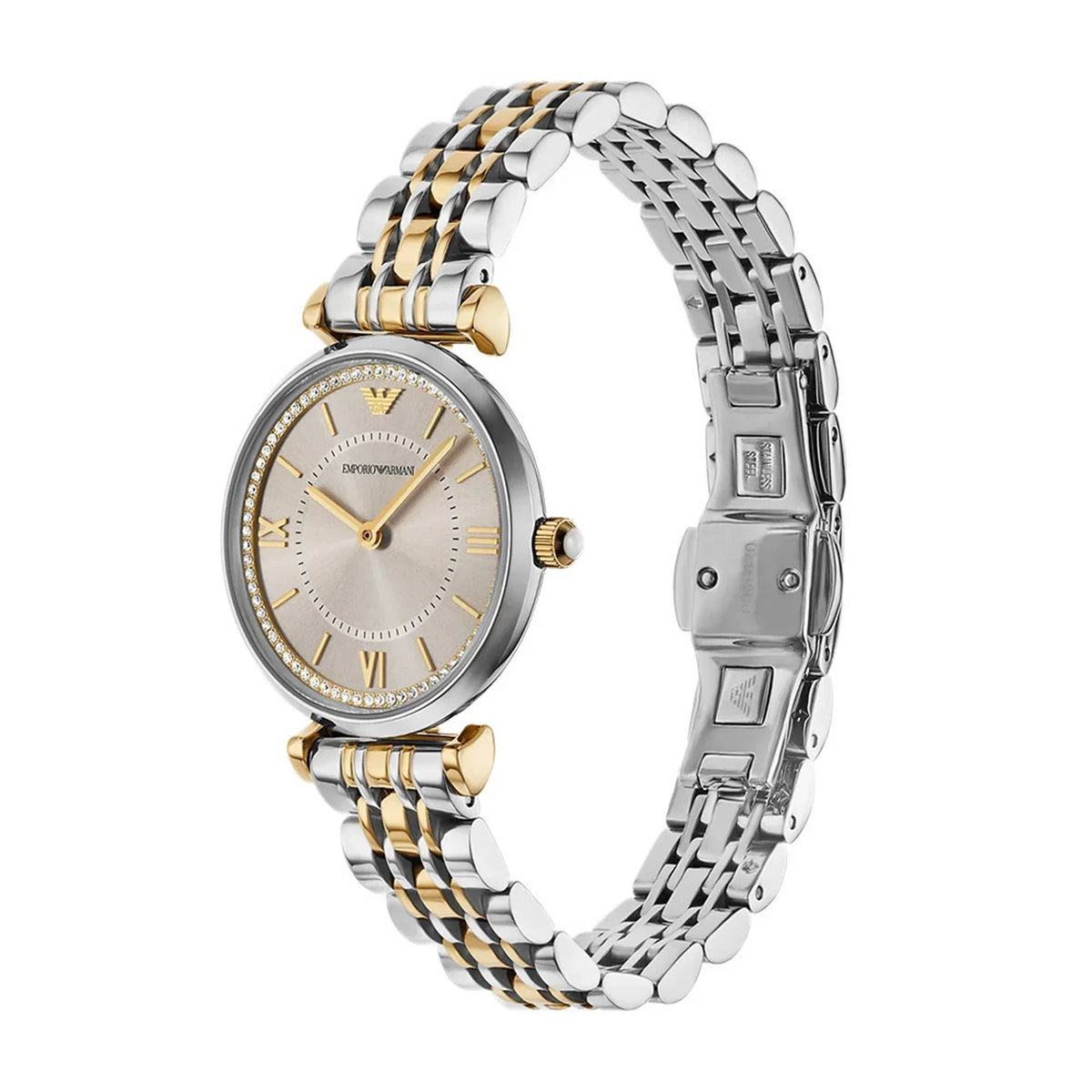 Emporio Armani Gianni T-Bar Beige Dial Two Tone Steel Strap Watch for Women - AR11702