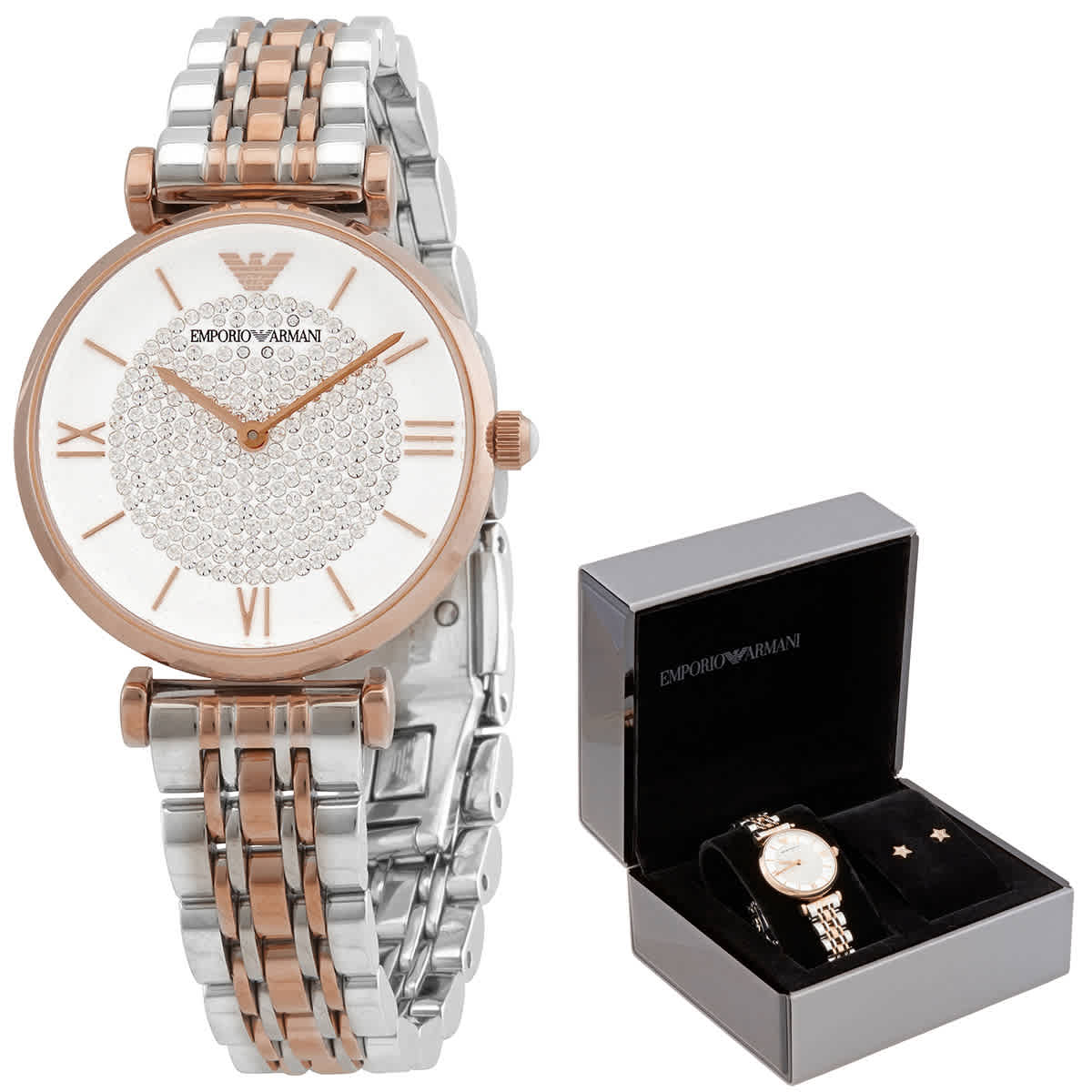 Emporio Armani Gianni T Bar White Dial Two Tone Steel Strap Watch For Women - AR80035