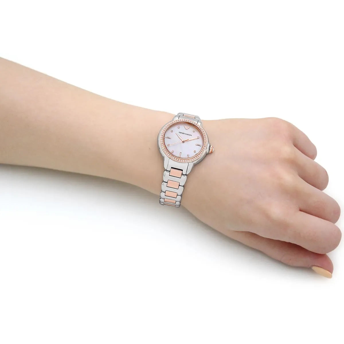 Emporio Armani Three Hand Mother of Pearl Dial Two Tone Steel Strap Watch For Women - AR11569