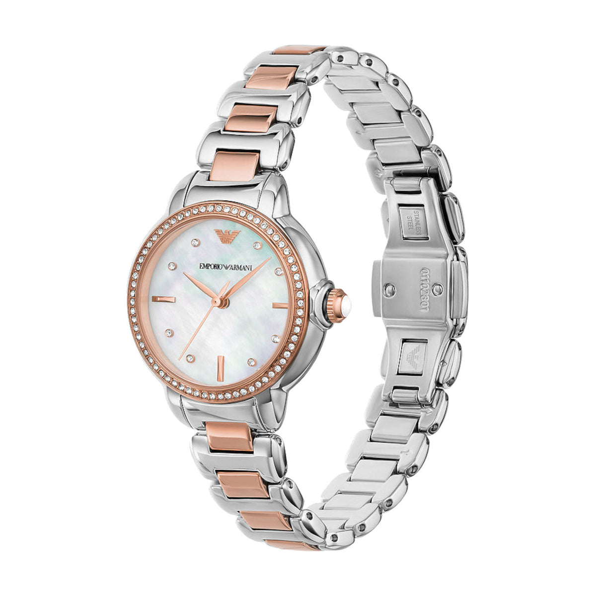 Emporio Armani Three Hand Mother of Pearl Dial Two Tone Steel Strap Watch For Women - AR11569