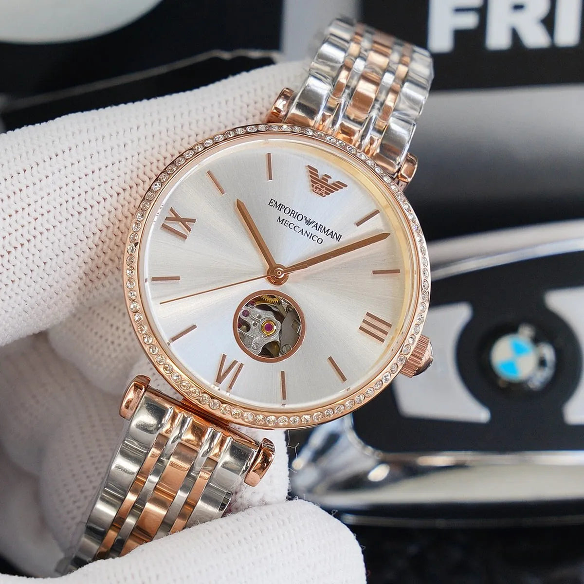 Emporio Armani Meccannico Gianni T-Bar Analog White Dial Two Tone Steel Strap Watch For Women - AR60019