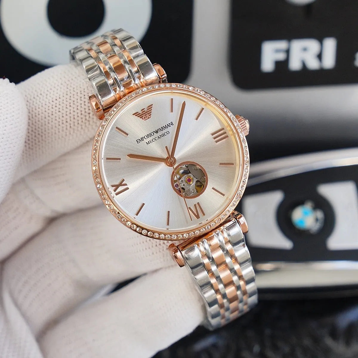 Emporio Armani Meccannico Gianni T-Bar Analog White Dial Two Tone Steel Strap Watch For Women - AR60019