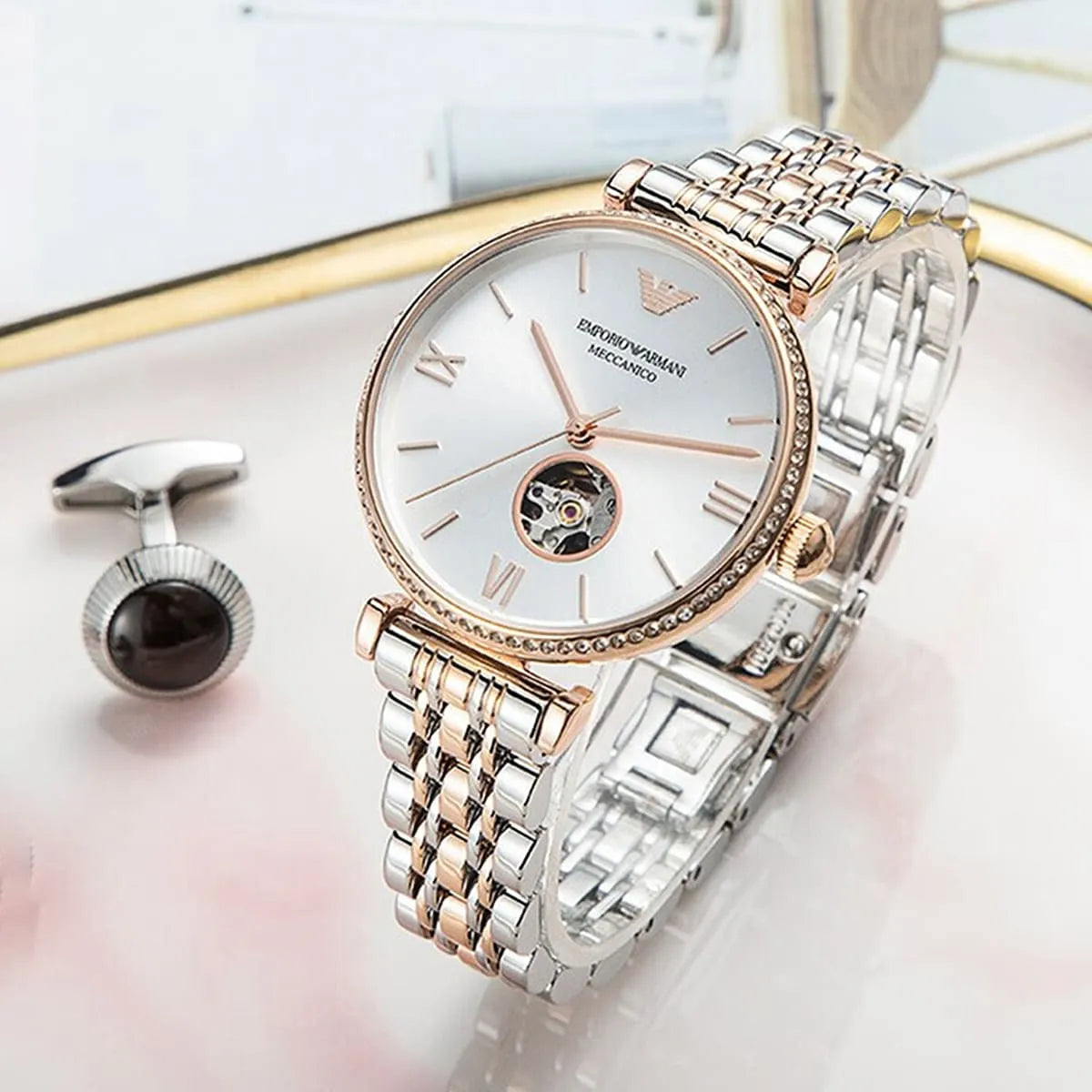 Emporio Armani Meccannico Gianni T-Bar Analog White Dial Two Tone Steel Strap Watch For Women - AR60019