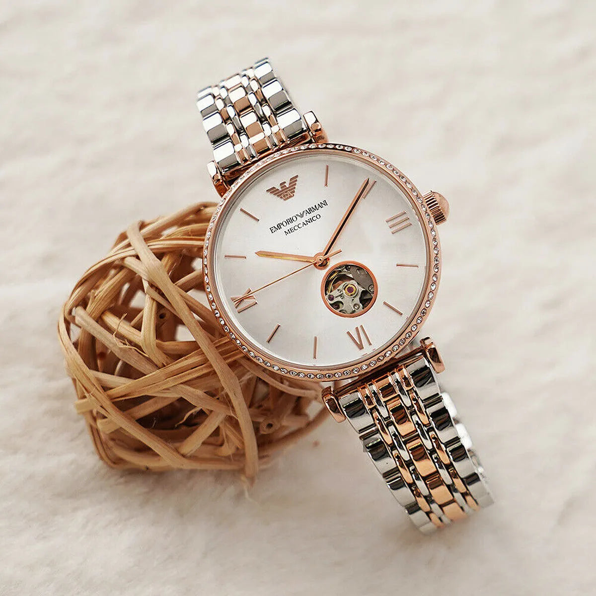 Emporio Armani Meccannico Gianni T-Bar Analog White Dial Two Tone Steel Strap Watch For Women - AR60019