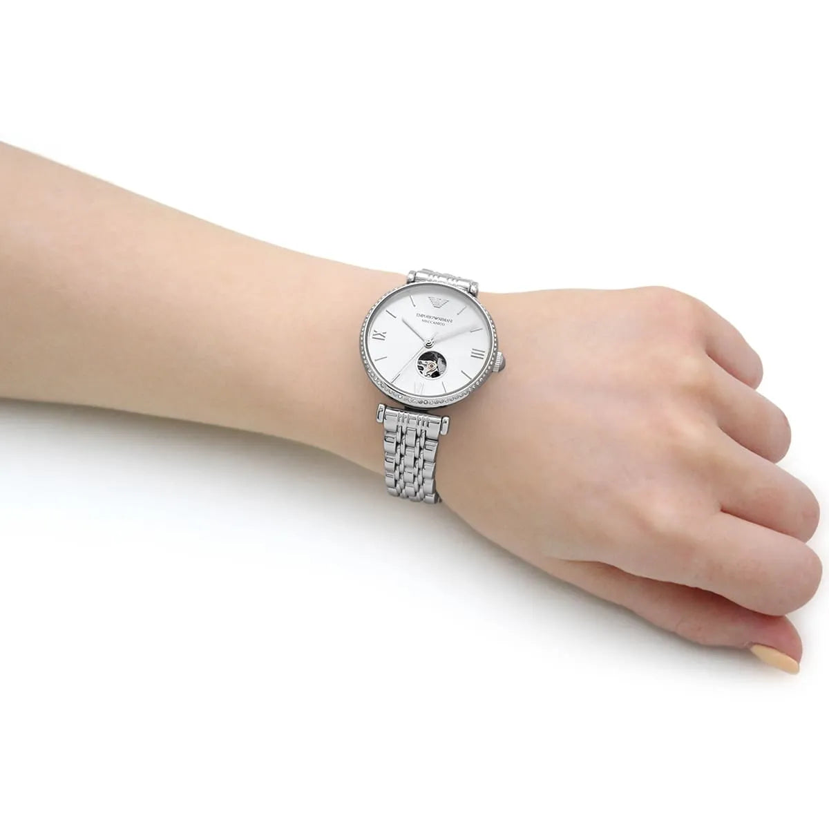 Emporio Armani Meccanico Gianni T-Bar Automatic Silver Dial Silver Steel Strap Watch For Women - AR60022