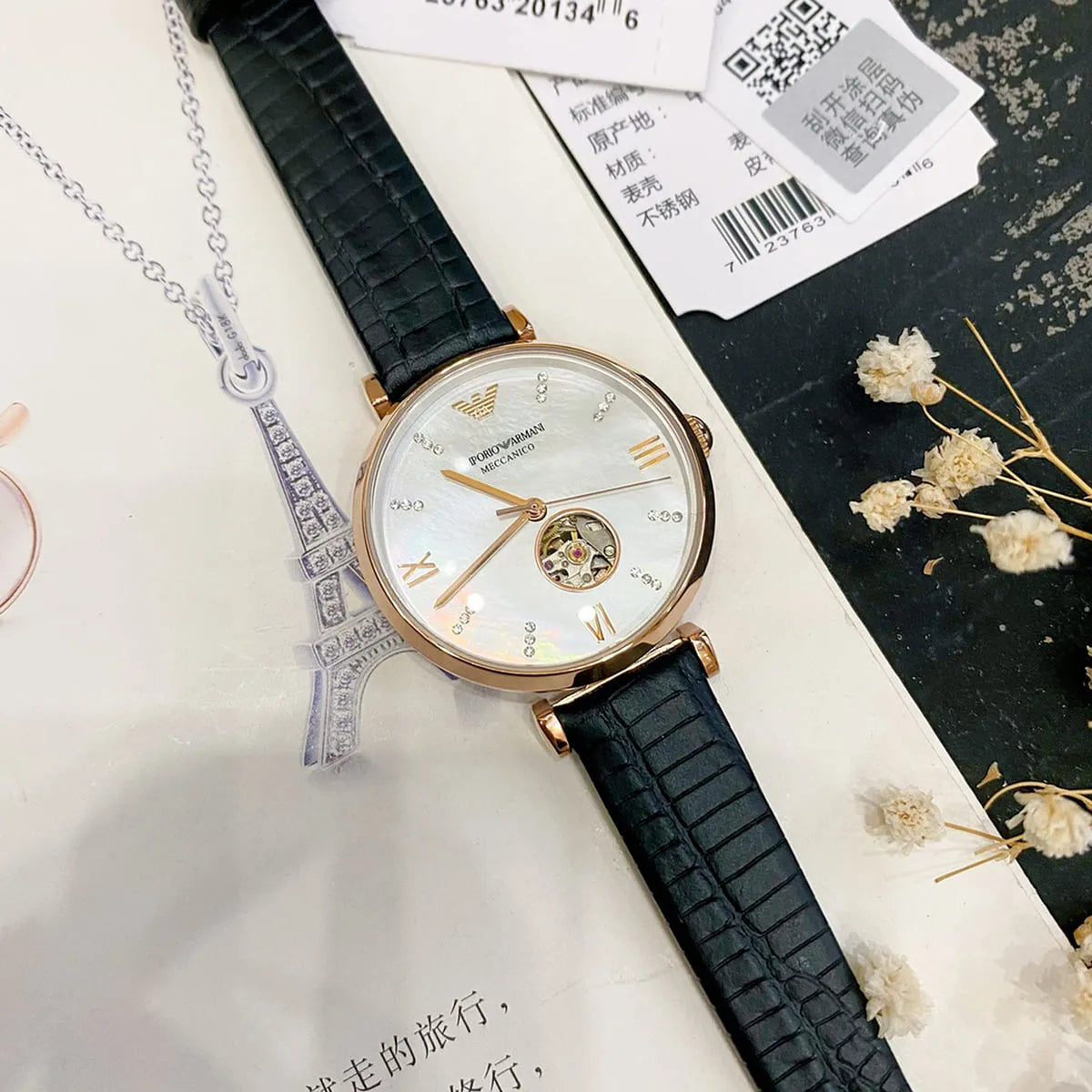 Emporio Armani Meccanico Gianni T Bar Mother of Pearl White Dial Black Leather Strap Watch For Women - AR60047