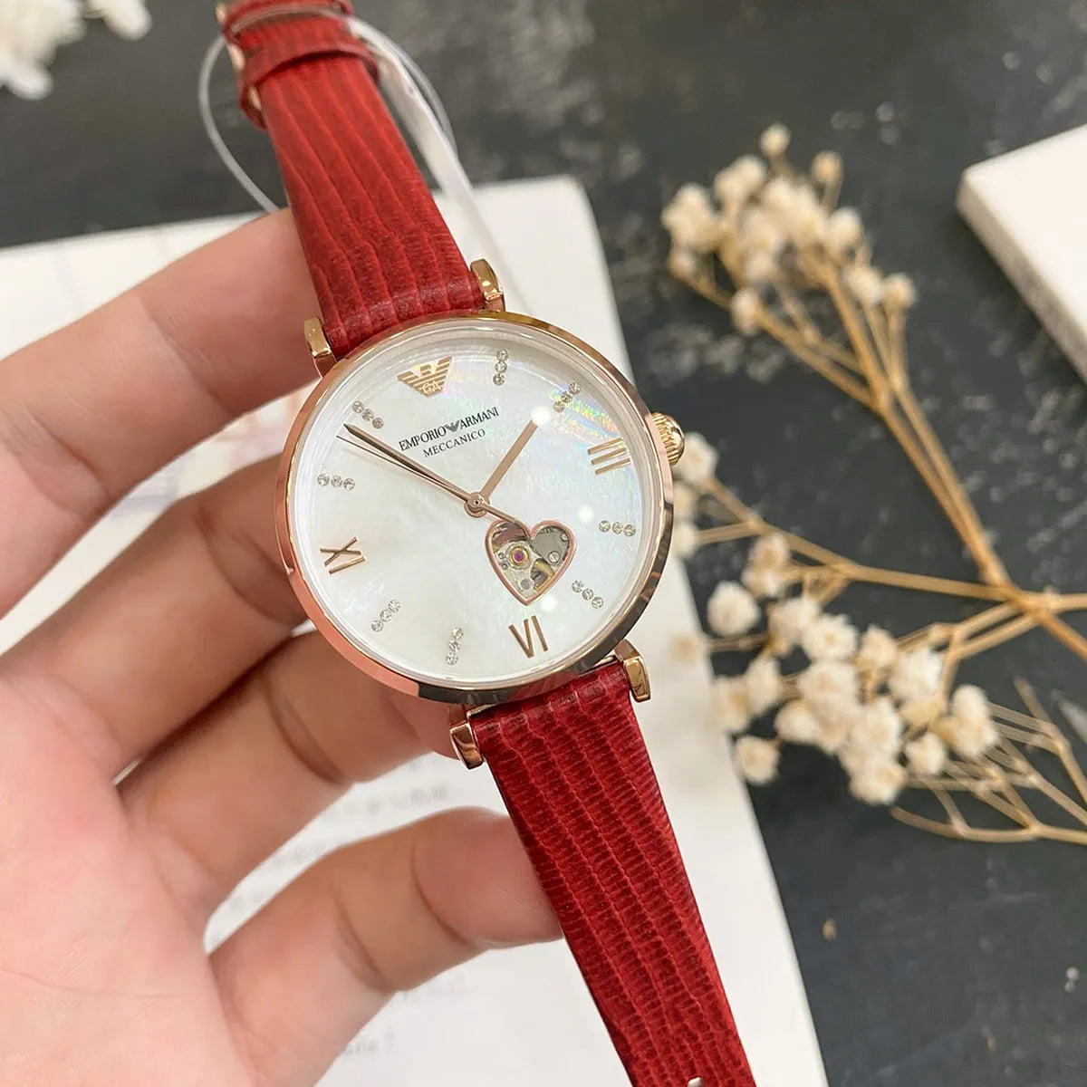 Emporio Armani Meccanico Gianni T-Bar Mother of Pearl White Dial Red Leather Strap Watch For Women - AR60048