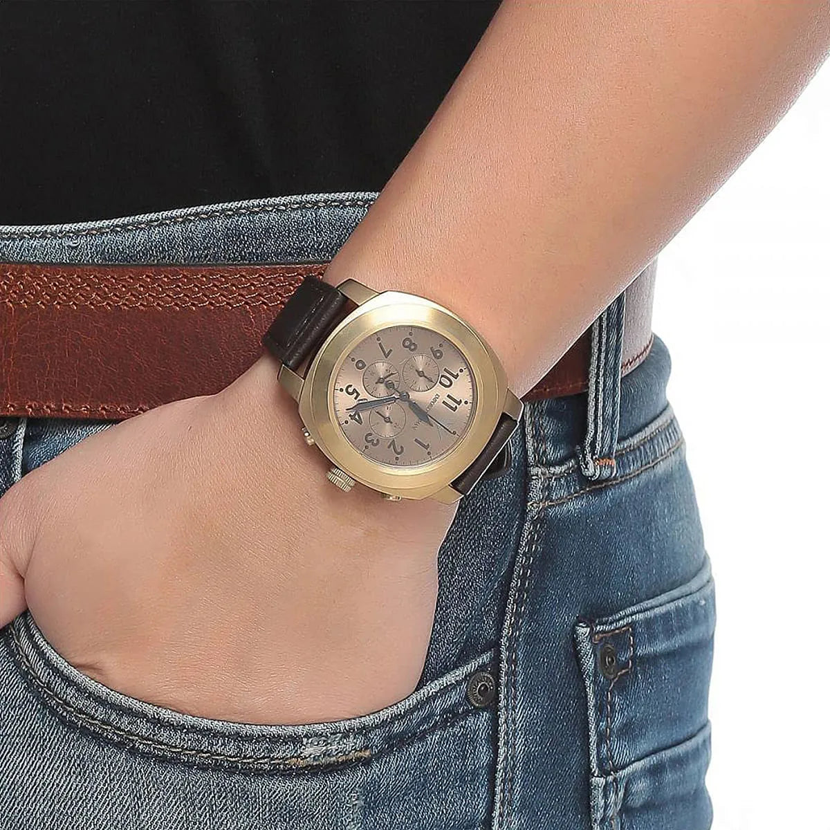 Emporio Armani Sportivo Chronograph Gold Dial Brown Leather Strap Watch for Men - AR6062