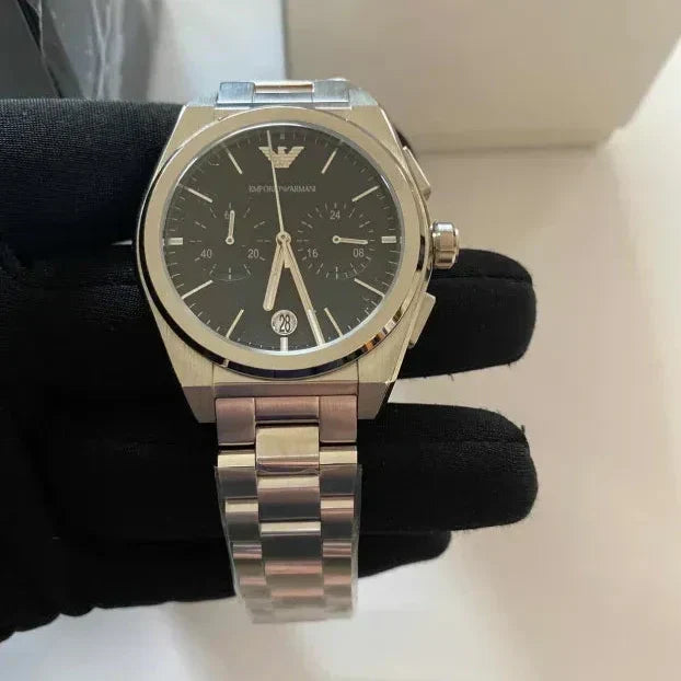 Emporio Armani Federico Chronograph Black Dial Silver Steel Strap Watch For Men - AR11560