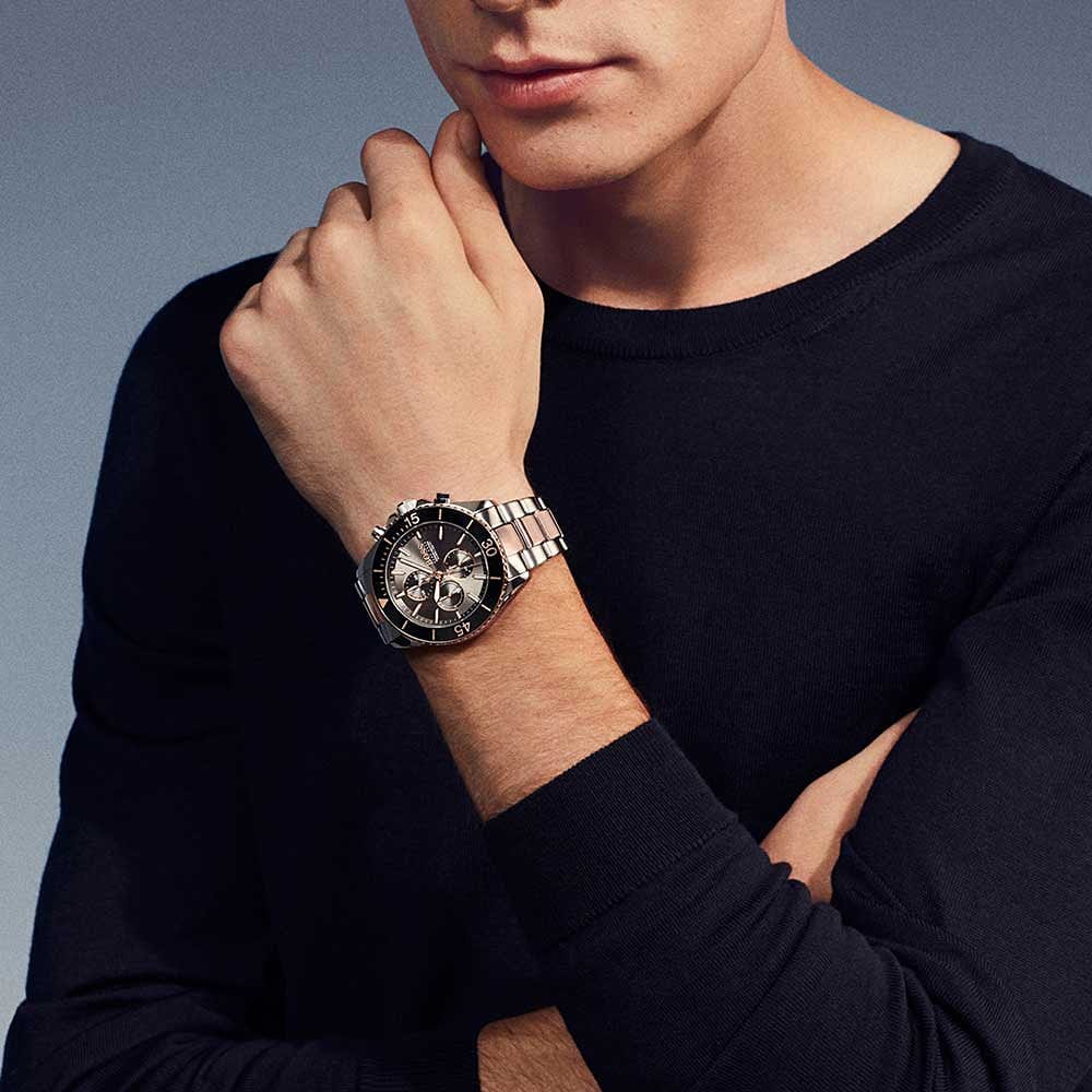 Hugo Boss Ocean Edition Chronograph Black Dial Two Tone Steel Strap Watch for Men - 1513705