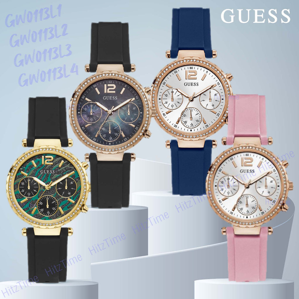 Guess Solstice Diamonds Silver Dial Blue Rubber Strap Watch for Women - GW0113L3
