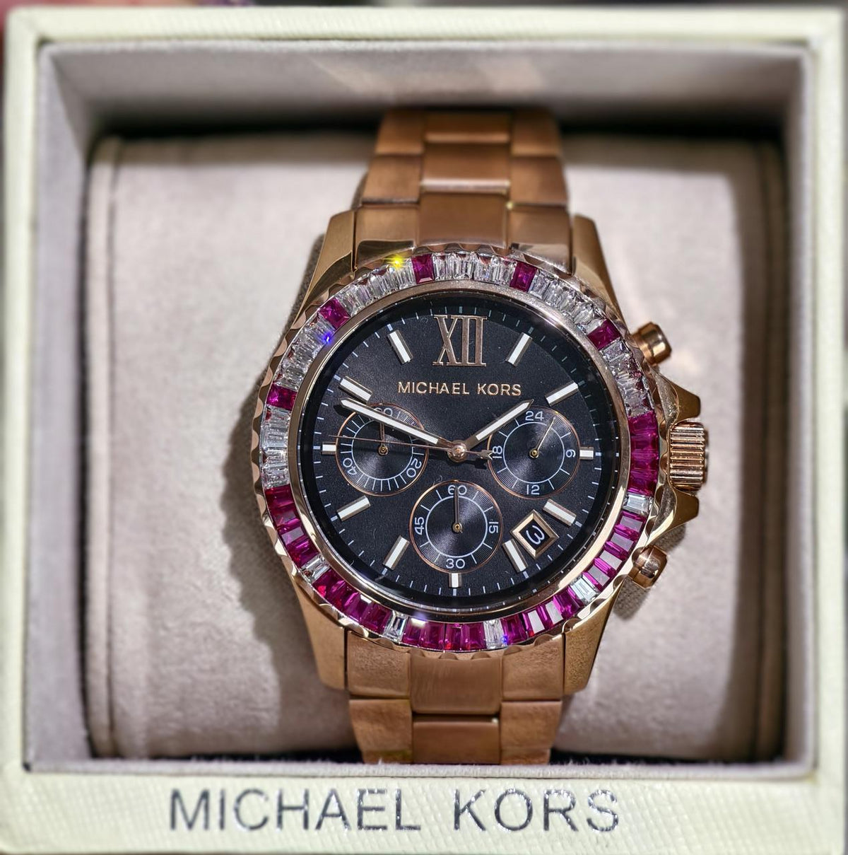 Michael Kors Everest Chronograph Black Dial Rose Gold Steel Strap Watch for Women - MK6972