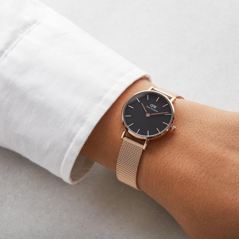 Daniel Wellington Classic Petite Melrose Black Dial Rose Gold Mesh Bracelet Watch For Women - DW00100217