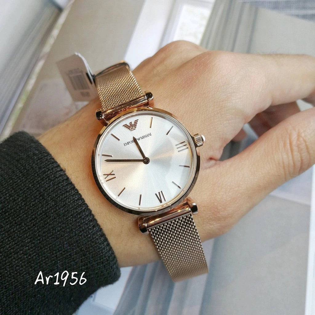 Emporio Armani Gianni T Bar Silver Dial Rose Gold Mesh Bracelet Watch For Women - AR1956