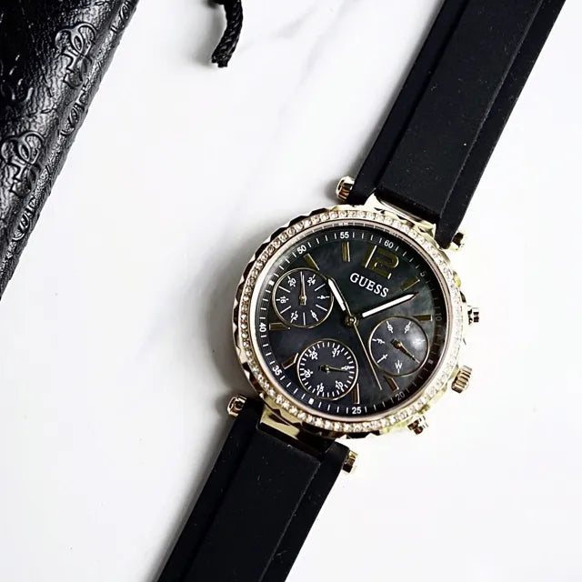 Guess Solstice Diamonds Black Mother of Pearl Dial Black Rubber Strap Watch for Women - GW0113L2