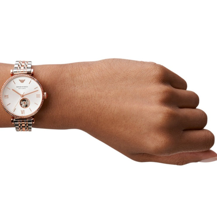 Emporio Armani Meccannico Gianni T-Bar Analog White Dial Two Tone Steel Strap Watch For Women - AR60019