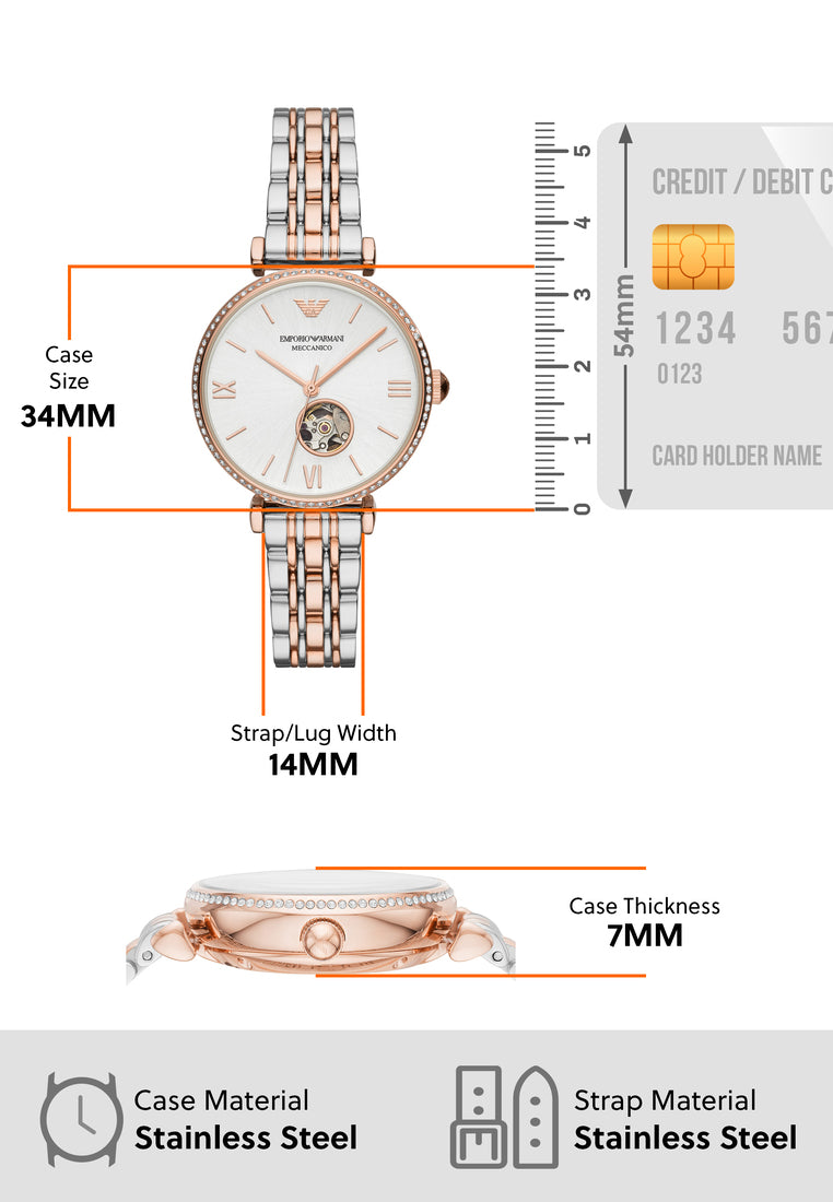 Emporio Armani Meccannico Gianni T-Bar Analog White Dial Two Tone Steel Strap Watch For Women - AR60019