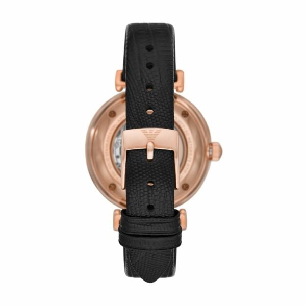 Emporio Armani Meccanico Gianni T Bar Mother of Pearl White Dial Black Leather Strap Watch For Women - AR60047