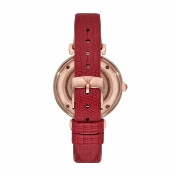 Emporio Armani Meccanico Gianni T-Bar Mother of Pearl White Dial Red Leather Strap Watch For Women - AR60048