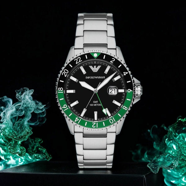 Emporio Armani Sea Explorer GMT Black Dial Silver Steel Strap Watch For Men - AR11589