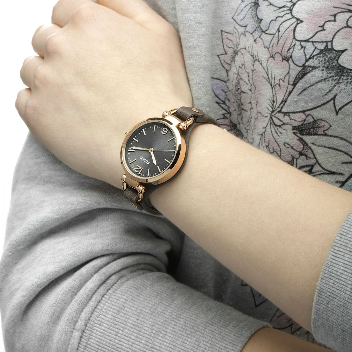 Fossil Georgia Smoke Grey Dial Grey Leather Strap Watch for Women - ES3077