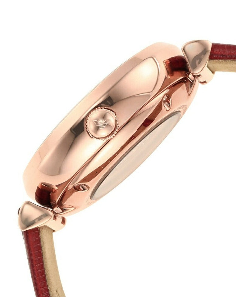Emporio Armani Meccanico Gianni T-Bar Mother of Pearl White Dial Red Leather Strap Watch For Women - AR60048