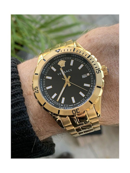 Versace Hellenyium Quartz Black Dial Gold Steel Strap Watch For Men - VE3A00820