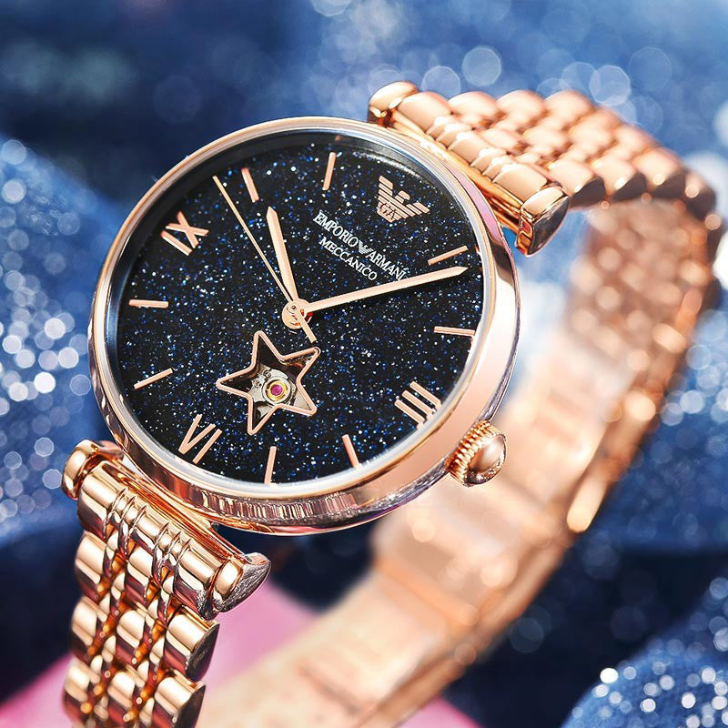Emporio Armani Meccanico Gianni T Bar Blue Dial Rose Gold Steel Strap Watch For Women - AR60043