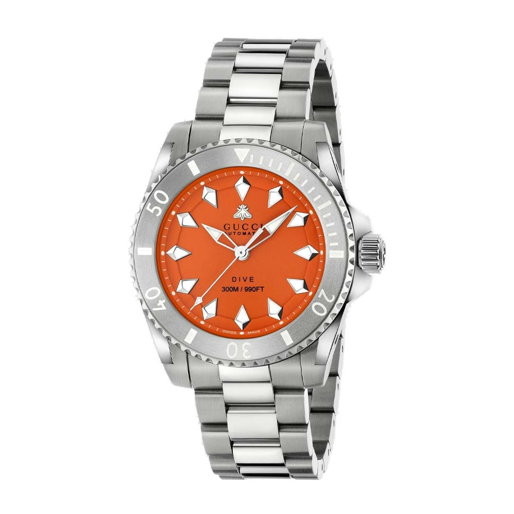 Shop Authentic Gucci Dive Automatic Orange Dial Silver Steel Strap Watch for Men - YA136355 - Luxxuri