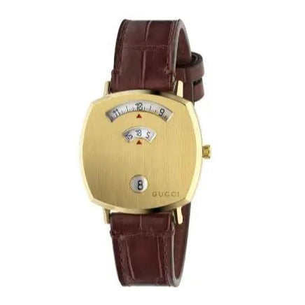 Shop Authentic Gucci Grip Quartz Gold Dial Maroon Leather Strap Watch For Women - YA157402 - Luxxuri