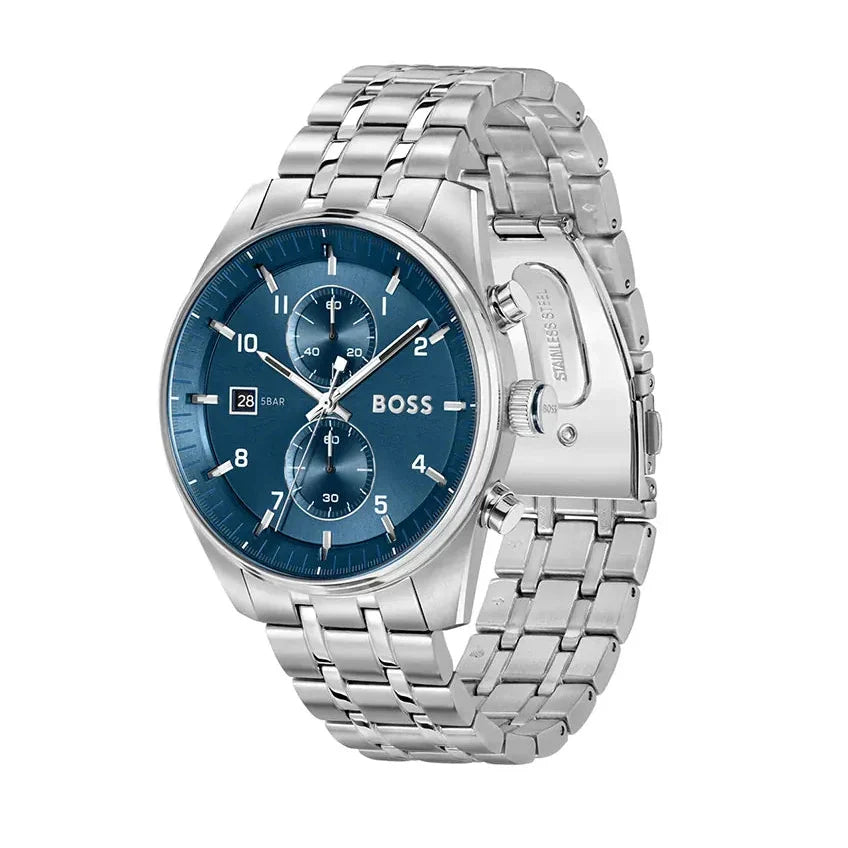 Hugo Boss Skytraveller Chronograph Blue Dial Silver Steel Strap Watch for Men - 1514216