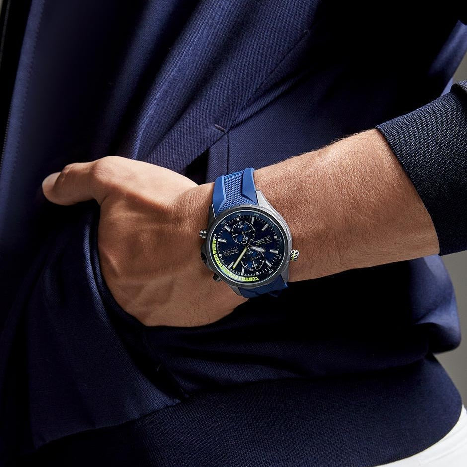 Hugo Boss Globetrotter Chronograph Blue Dial Blue Silicone Strap Watch for Men - 1513821