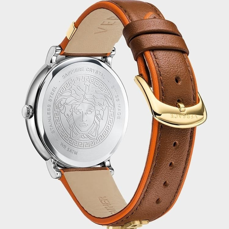 Versace V-Circle Silver Dial Brown Leather Strap Watch for Women - VBP03017