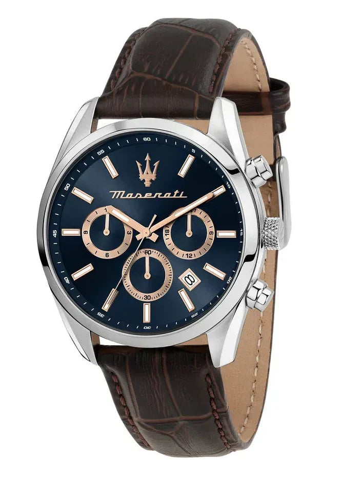 Maserati Attraction Limited Edition Chronograph Blue Dial Brown Leather Strap Watch for Men - R8851151003