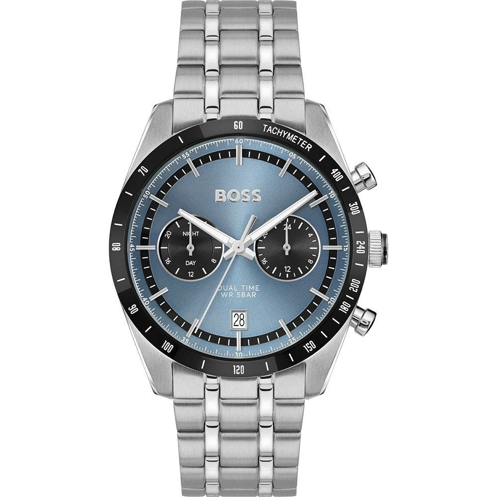 Hugo Boss Tourmaster Chronograph Blue Dial Silver Steel Strap Watch for Men - 1514286