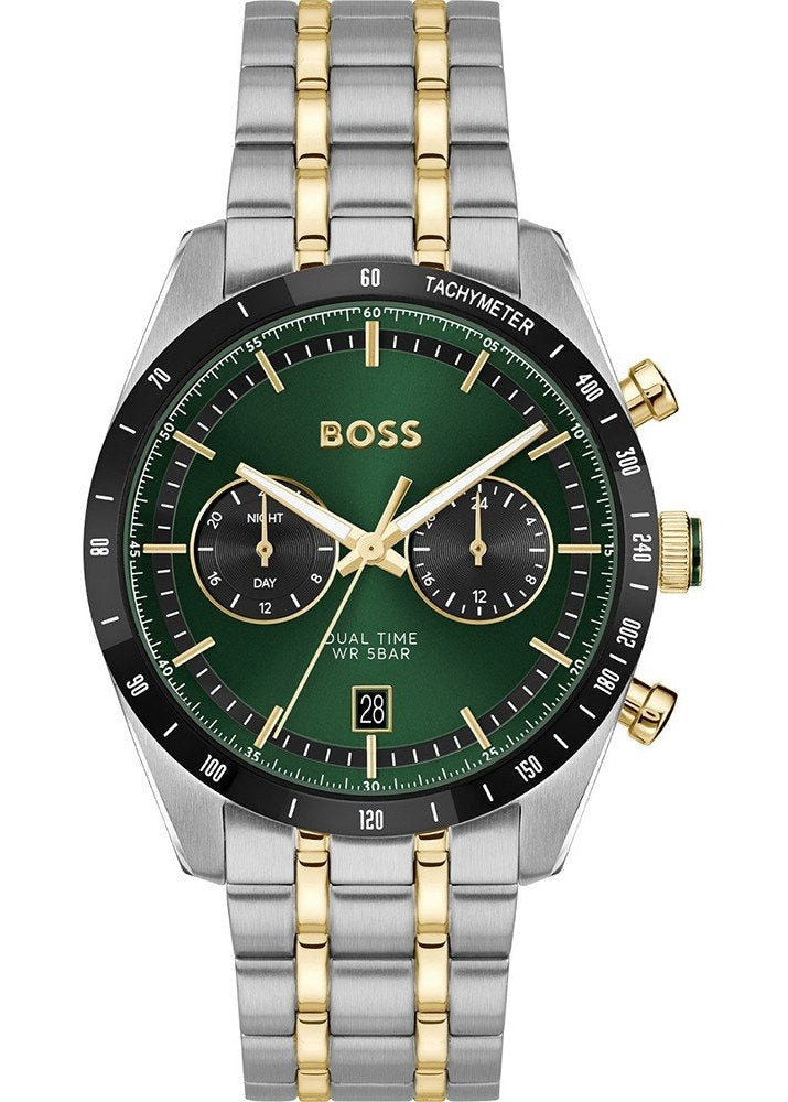 Hugo Boss Tourmaster Chronograph Green Dial Two Tone Steel Strap Watch for Men - 1514287