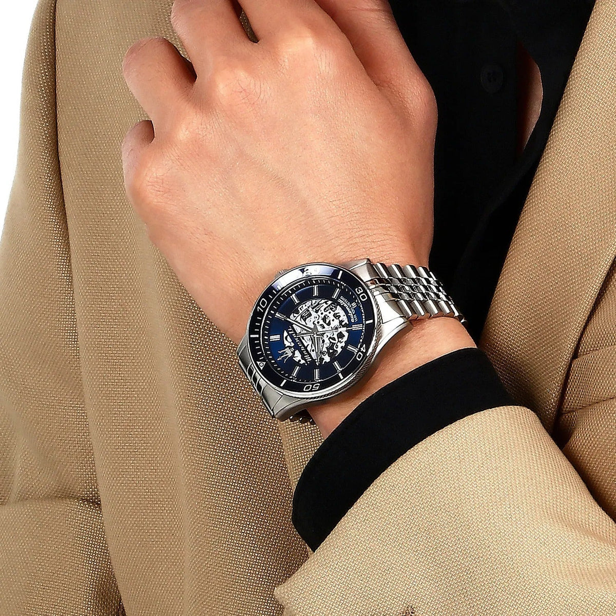 Maserati SFIDA Skeleton Automatic Blue Dial Silver Steel Strap Watch for Men - R8823140011
