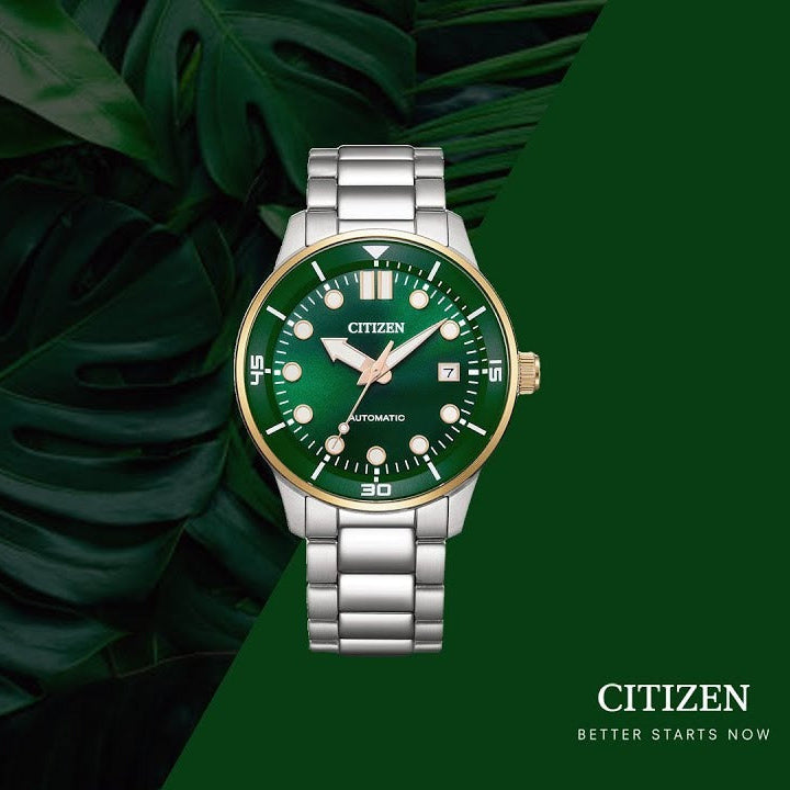 Citizen Mechanical Automatic Green Dial Silver Steel Strap Watch for Men - NJ0196-80X