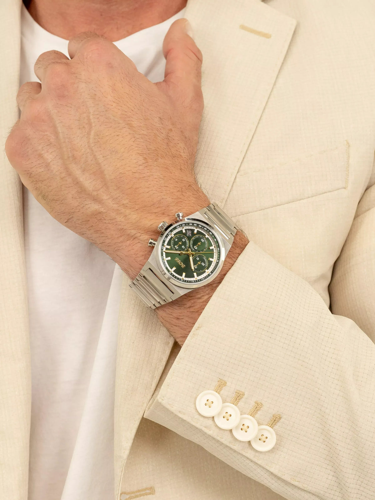 Hugo Boss Candor Chronograph Green Dial Silver Steel Strap Watch for Men - 1514220