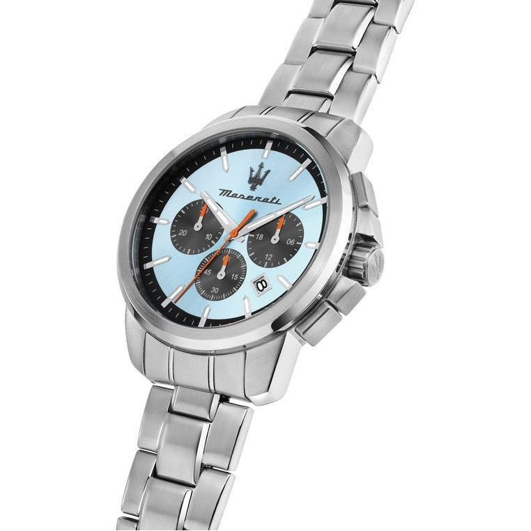 Maserati Successo Chronograph Ice Blue Dial Silver Steel Strap Watch for Men - R8873621044
