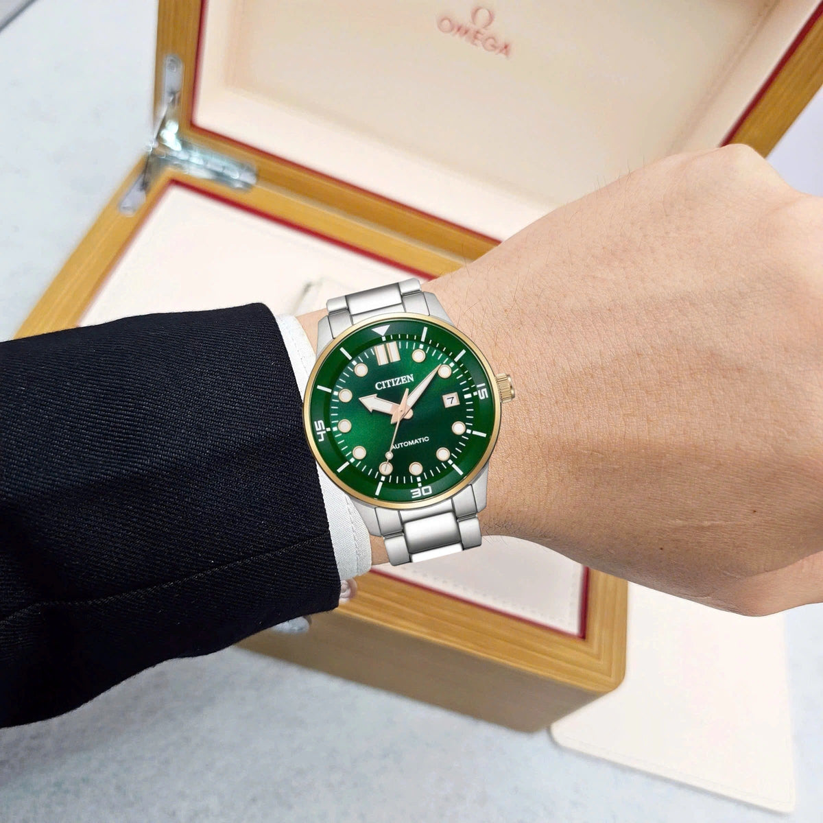 Citizen Mechanical Automatic Green Dial Silver Steel Strap Watch for Men - NJ0196-80X