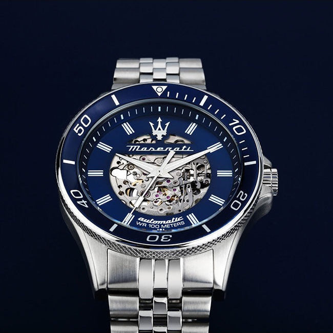 Maserati SFIDA Skeleton Automatic Blue Dial Silver Steel Strap Watch for Men - R8823140011