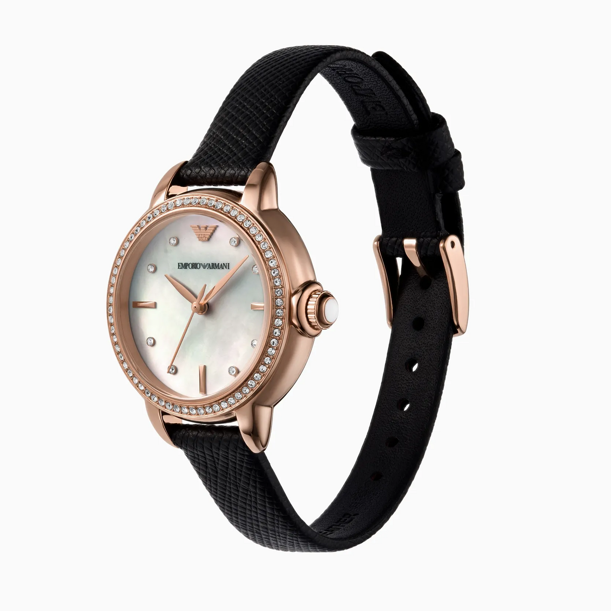 Emporio Armani Mia Mother of Pearl Dial Black Leather Strap Watch for Women - AR11598