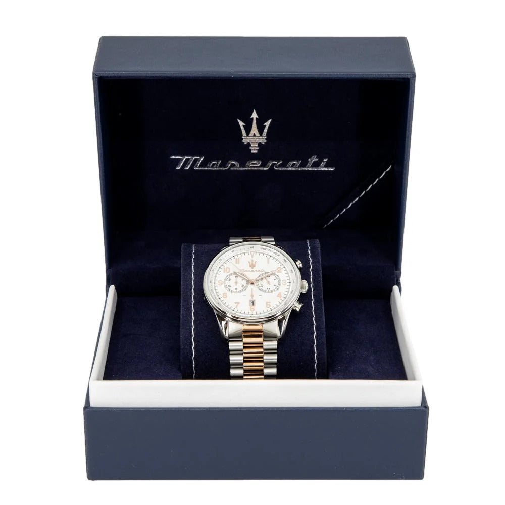Maserati Tradizione Chronograph White Dial Two Tone Steel Strap Watch for Men - R8873646002