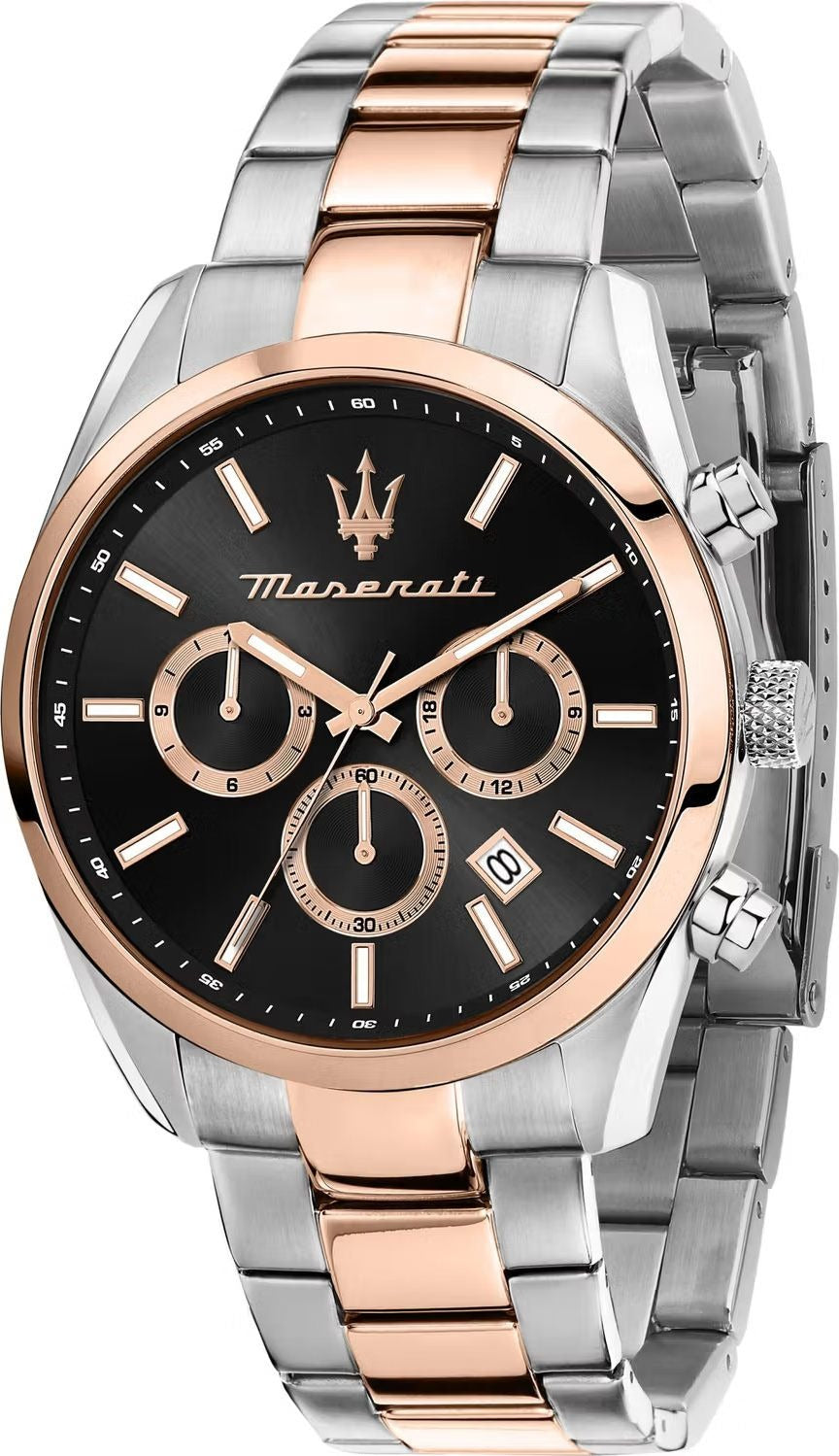 Maserati Attrazione Chronograph Black Dial Two Tone Steel Strap Watch for Men - R8853151002