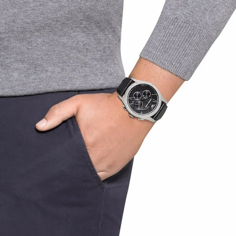 Emporio Armani Classic Chronograph Black Dial Black Leather Strap Watch for Men - AR1700