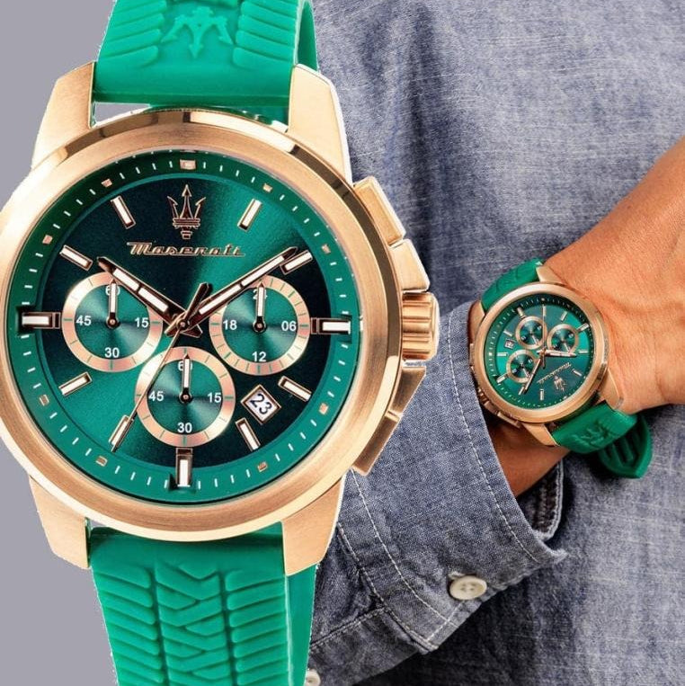 Maserati Successo Chronograph Green Dial Green Silicone Strap Watch for Men - R8871621038